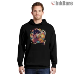 Kid Goku Joyful Power Burst Shirt on black hoodie for men graphic tee