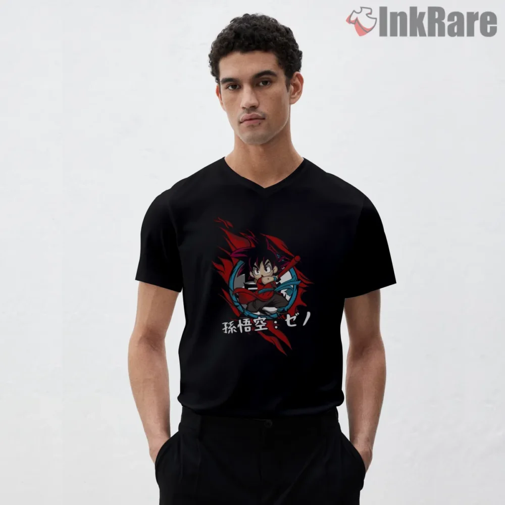 Kid Goku Red Aura Staff Leap Shirt on black v-neck shirt for men graphic tee