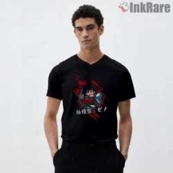 Kid Goku Red Aura Staff Leap Shirt on black v-neck shirt for men graphic tee