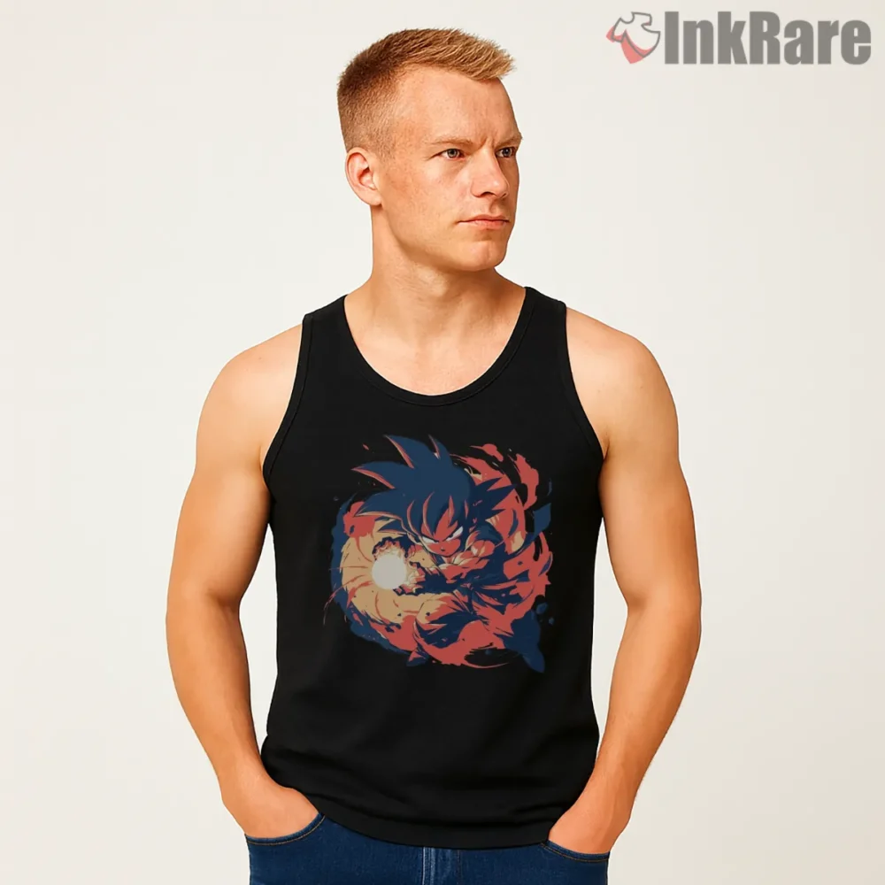 Kid Goku Spiraling Energy Wave Shirt on black tank top for men graphic tee