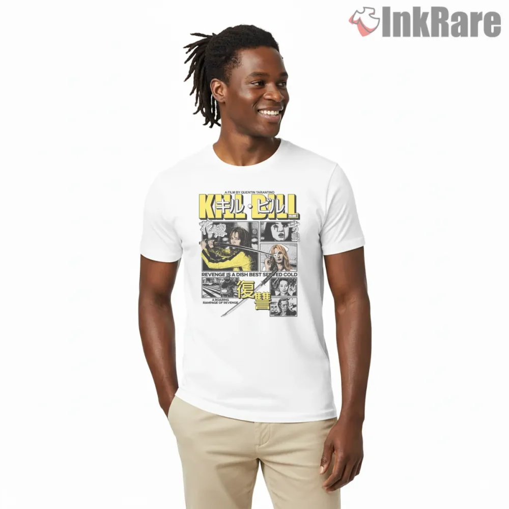 Kill Bill 2003 Manga Panel Collage Movie Shirt on white short sleeve shirt for men graphic tee