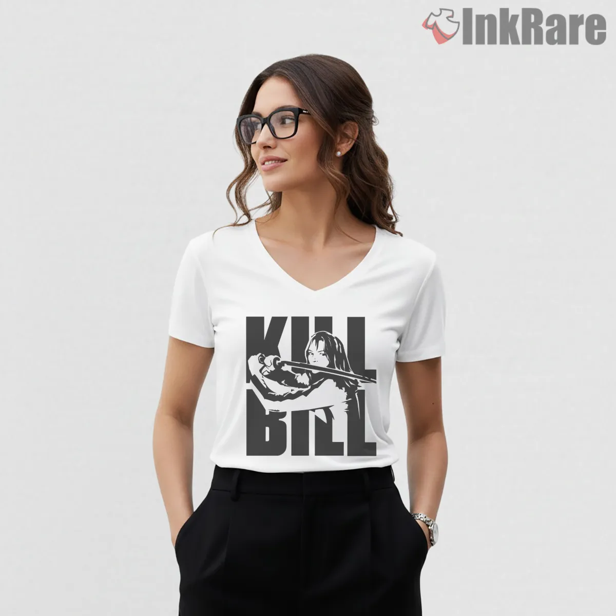 Kill Bill Black And White O Ren Ishii Action V Neck White Kill Bill Black And White O Ren Ishii Action Shirt on white v-neck shirt for women graphic tee