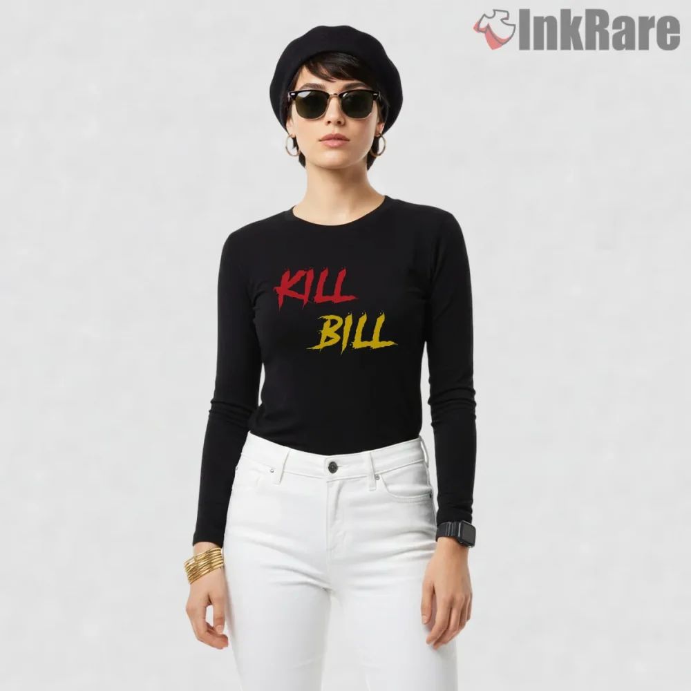 Kill Bill Bold Brush Stroke Minimal Logo Shirt on black long sleeve shirt for women graphic tee