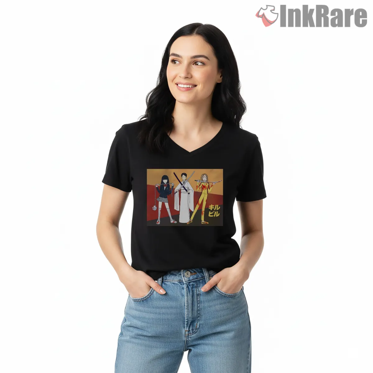 Kill Bill Female Assassins Trio Minimal Art V Neck Black Kill Bill Female Assassins Trio Minimal Art Shirt on black v-neck shirt for women graphic tee