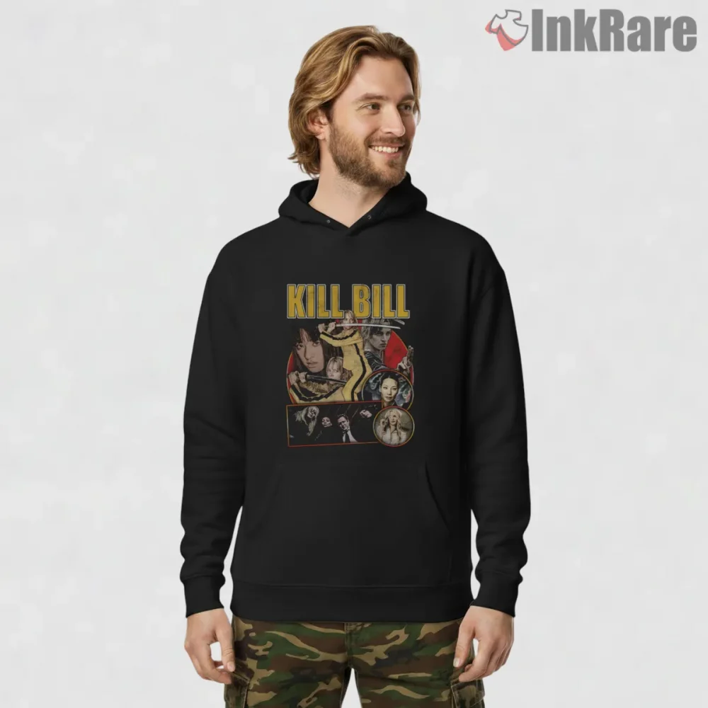 Kill Bill Inner Warrior Cinematic Collage Action Shirt on black hoodie for men graphic tee