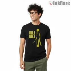 Kill Bill Minimal Silhouette Yellow Stripe Vintage Shirt on black short sleeve shirt for men graphic tee