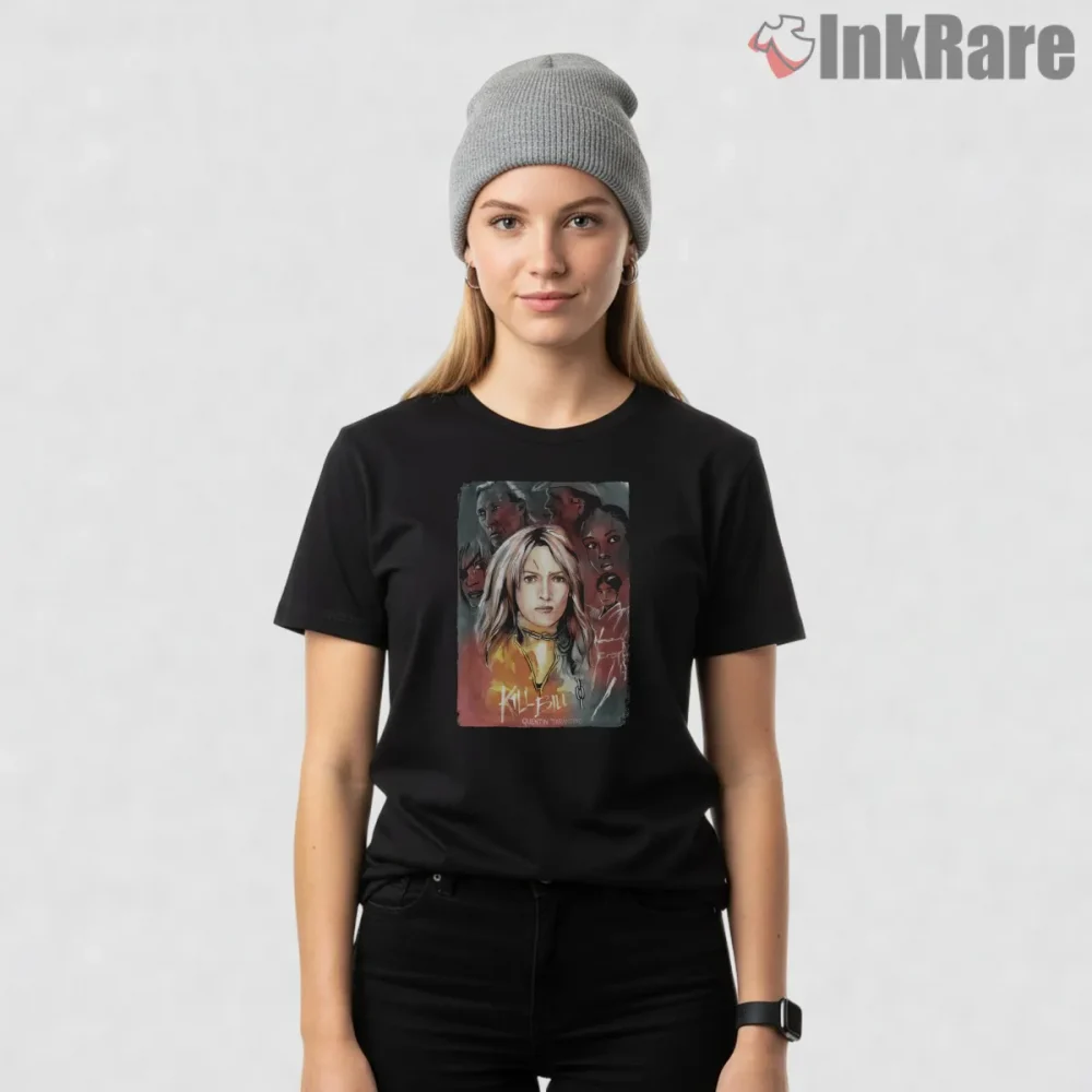 Kill Bill Painterly Portrait Beatrix Kiddo Art Shirt on black short sleeve shirt for women graphic tee
