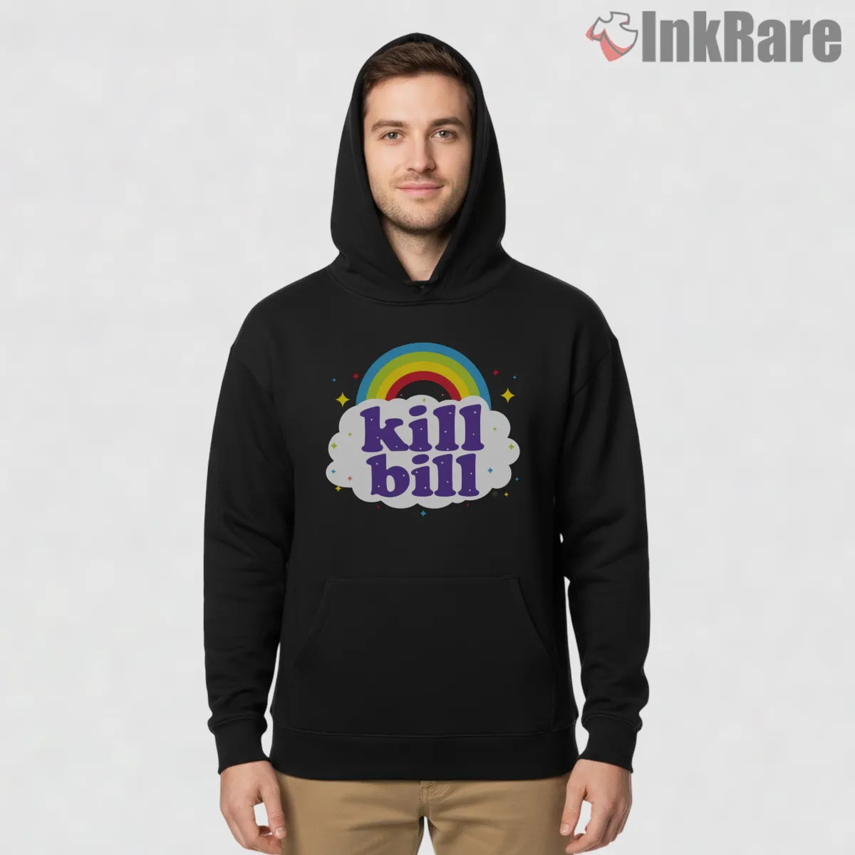 Kill Bill Retro Rainbow Bubble Typography Hoodie Black Kill Bill Retro Rainbow Bubble Typography Shirt on black hoodie for men graphic tee