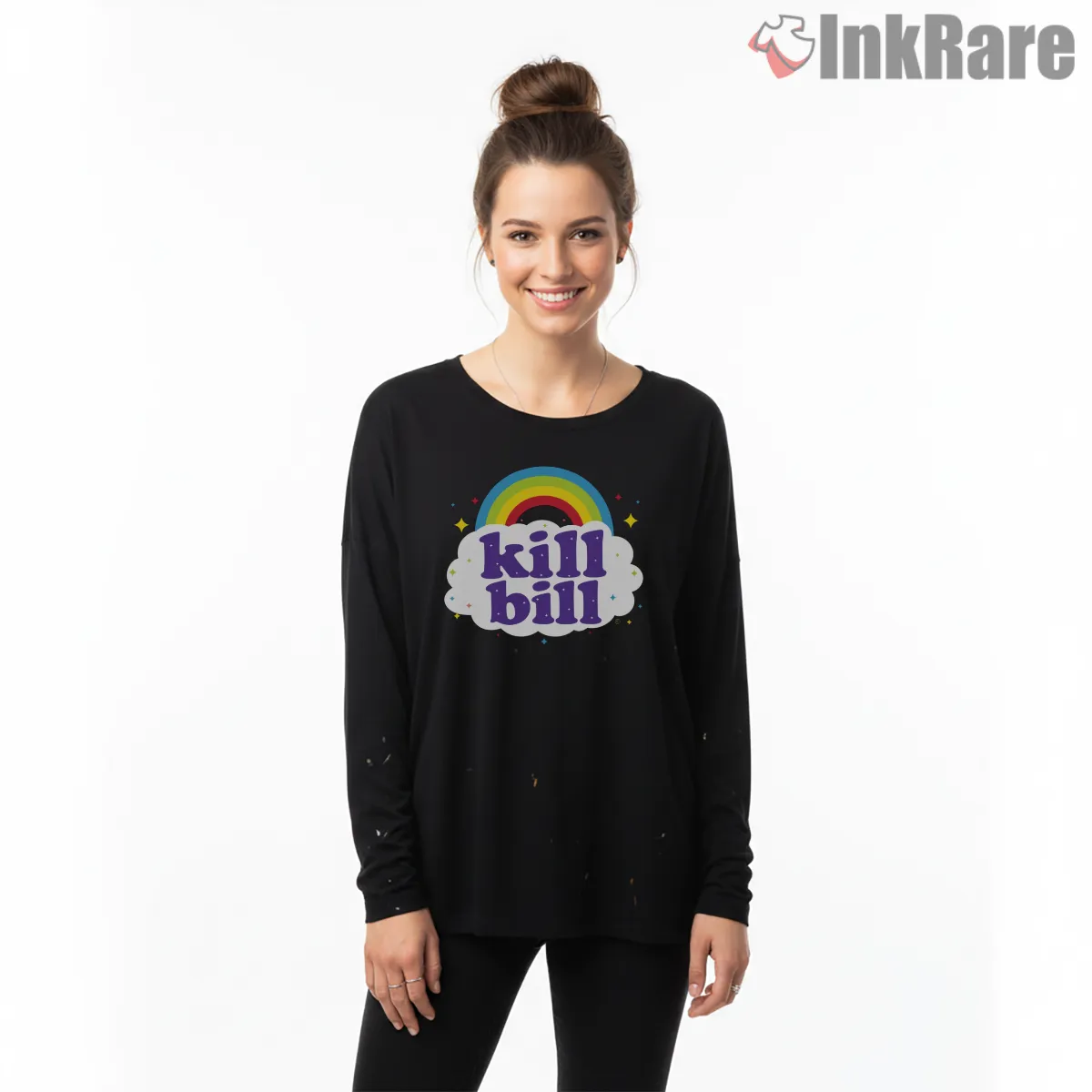 Kill Bill Retro Rainbow Bubble Typography Long Sleeve Black Kill Bill Retro Rainbow Bubble Typography Shirt on black long sleeve shirt for women graphic tee