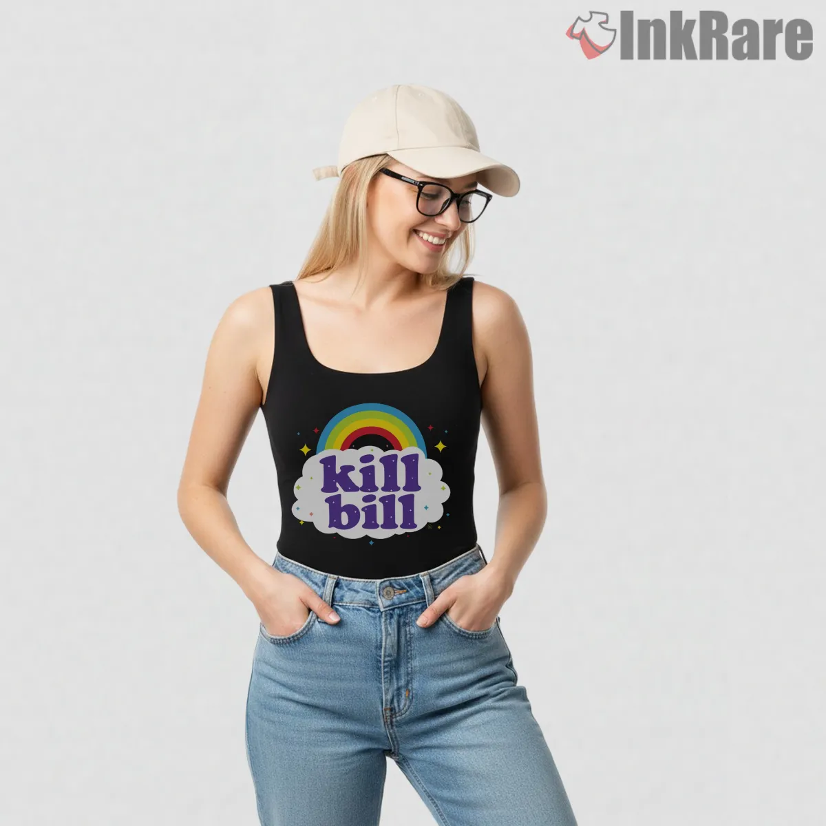 Kill Bill Retro Rainbow Bubble Typography Tank Top Black Kill Bill Retro Rainbow Bubble Typography Shirt on black tank top for women graphic tee