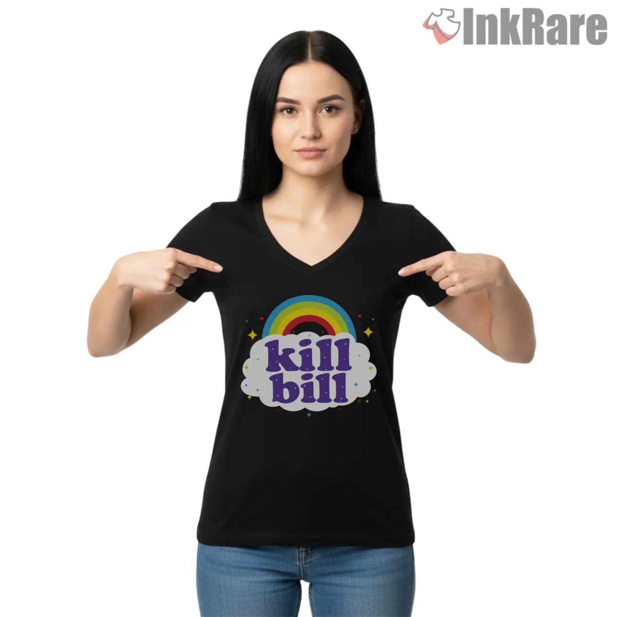 Kill Bill Retro Rainbow Bubble Typography V Neck Black Kill Bill Retro Rainbow Bubble Typography Shirt on black v-neck shirt for women graphic tee