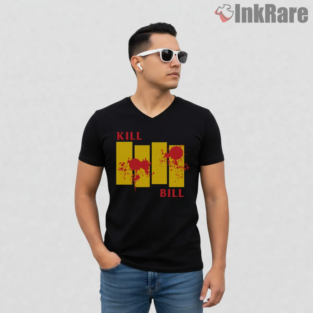 Kill Bill Revenge Flag Blood Splatter Graphic V Neck Black Kill Bill Revenge Flag Blood Splatter Graphic Shirt on black v-neck shirt for men graphic tee