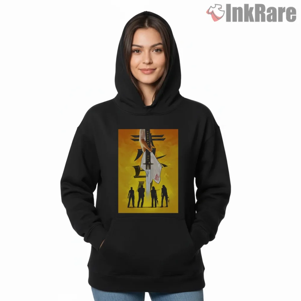 Kill Bill Samurai Sword Crest Yellow Graphic Shirt on black hoodie for women graphic tee
