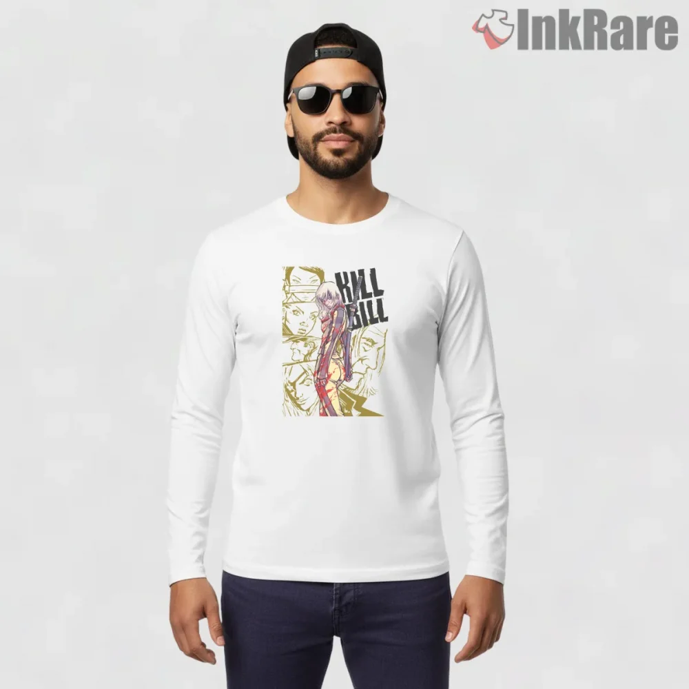 Kill Bill Sketch Style Beatrix Kiddo Character Shirt on white long sleeve shirt for men graphic tee