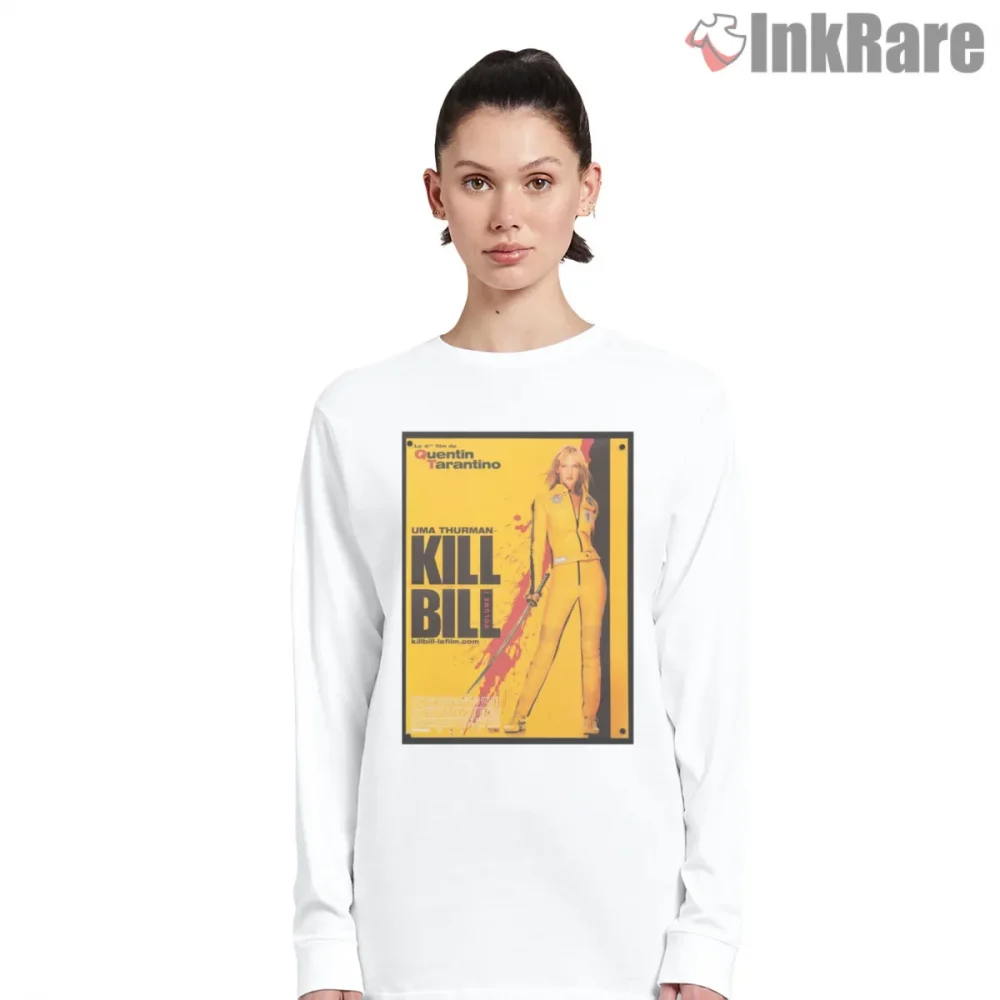 Kill Bill Uma Thurman Yellow Suit Classic Poster Shirt on white long sleeve shirt for women graphic tee