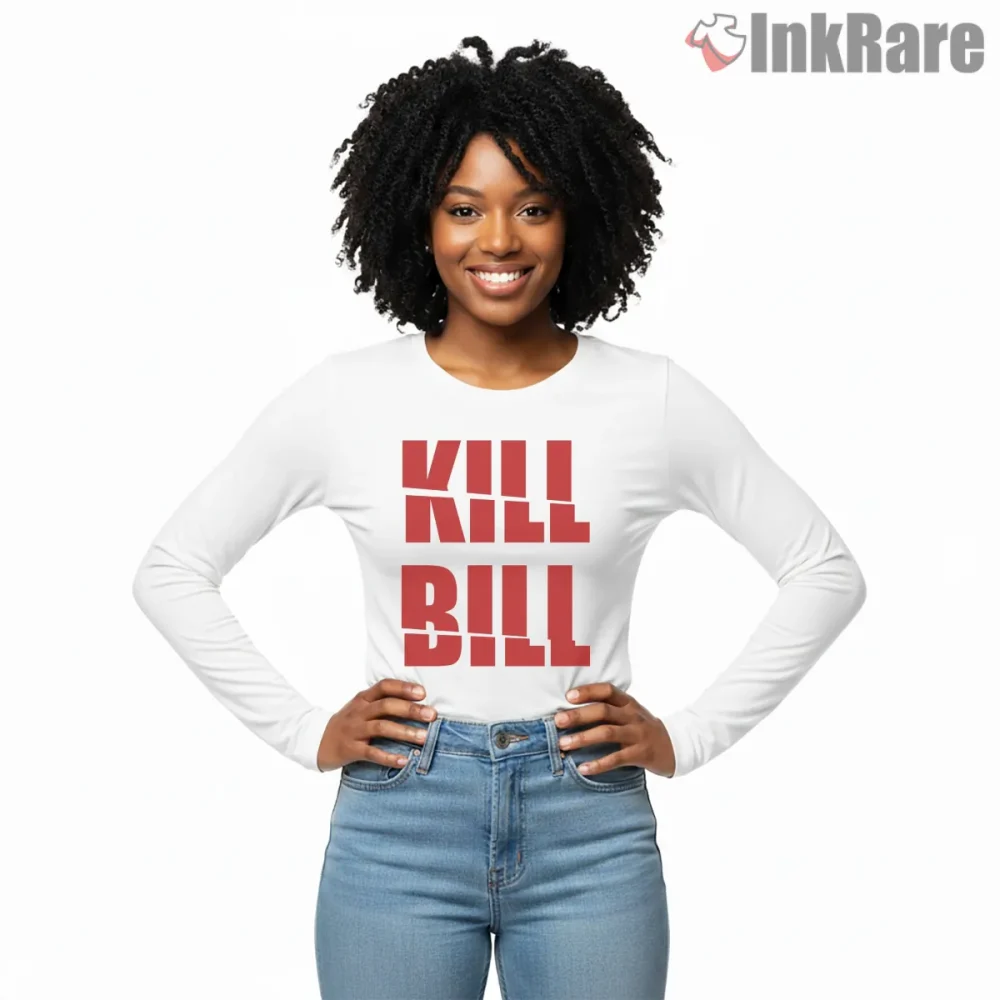 Kill Bill Vol 1 Bold Red Block Typography Shirt on white long sleeve shirt for women graphic tee