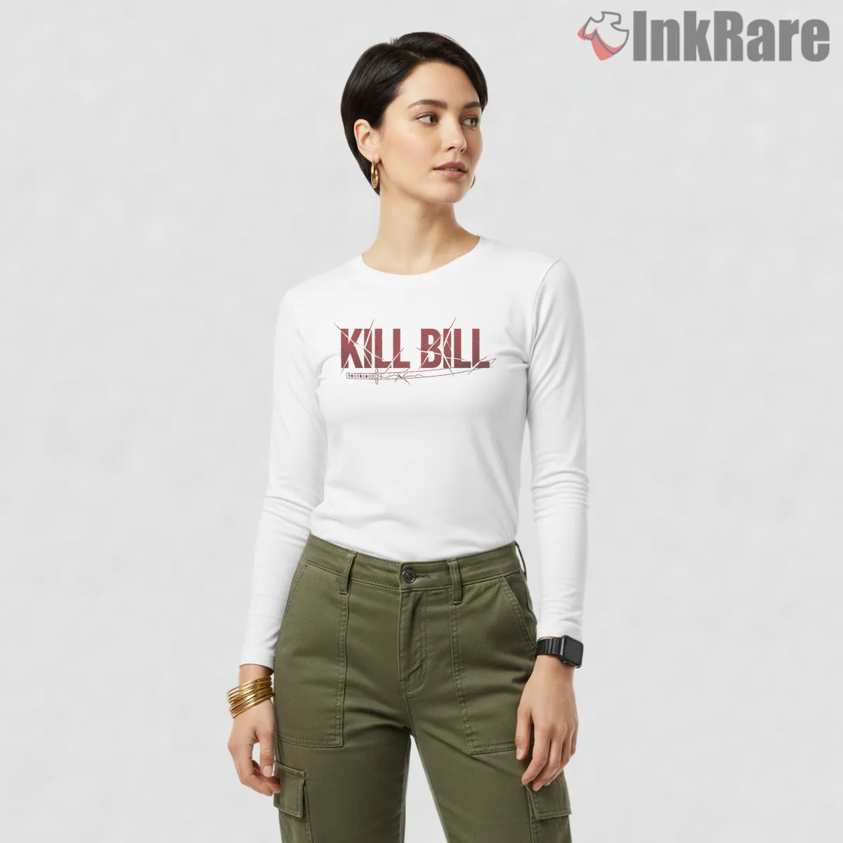 Kill Bill Vol 1 Distressed Red Logo Minimal Long Sleeve White Kill Bill Vol 1 Distressed Red Logo Minimal Shirt on white long sleeve shirt for women graphic tee