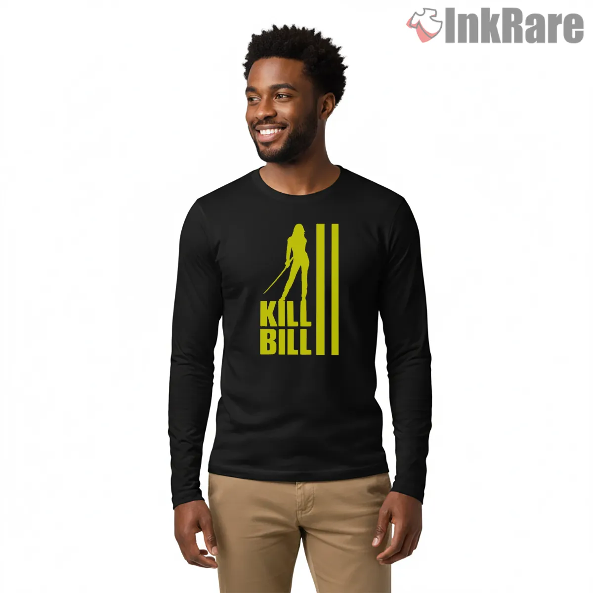 Kill Bill Yellow Silhouette Stripe Minimal Graphic Long Sleeve Black Kill Bill Yellow Silhouette Stripe Minimal Graphic Shirt on black long sleeve shirt for men graphic tee