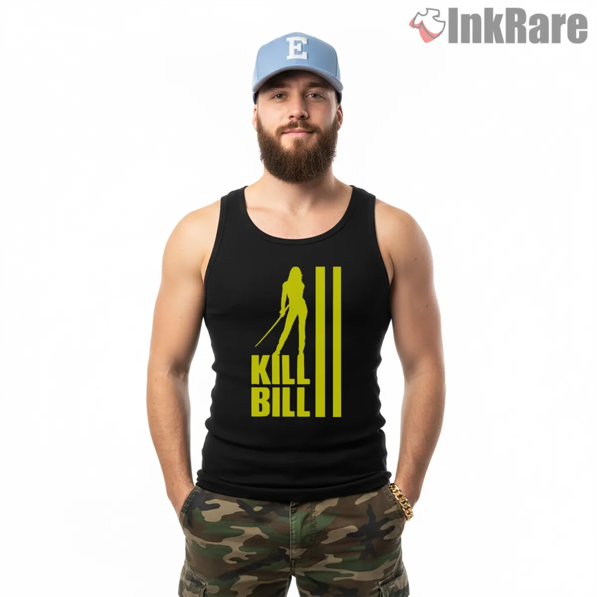 Kill Bill Yellow Silhouette Stripe Minimal Graphic Tank Top Black Kill Bill Yellow Silhouette Stripe Minimal Graphic Shirt on black tank top for men graphic tee