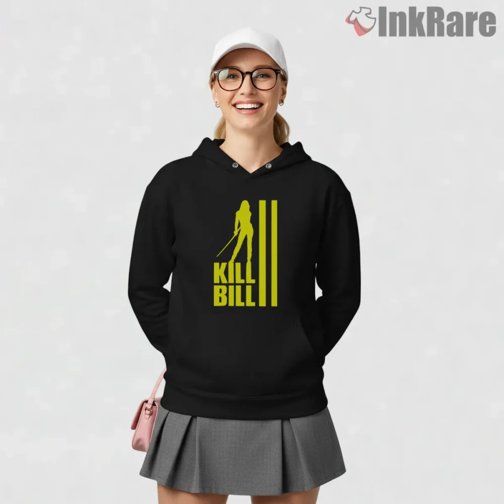 Kill Bill Yellow Silhouette Stripe Minimal Graphic Shirt on black hoodie for women graphic tee
