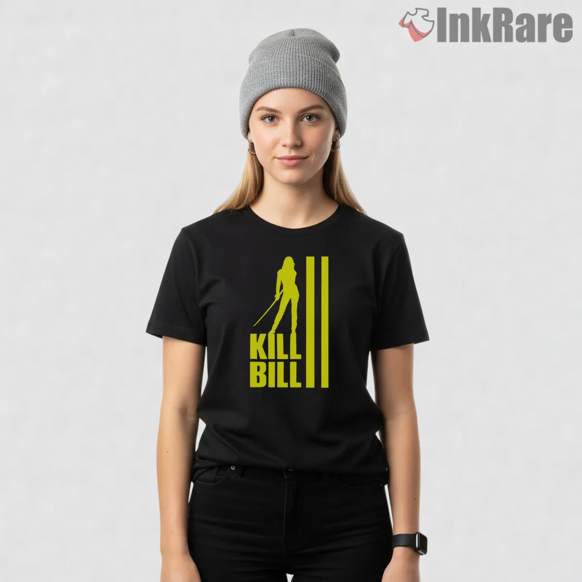 Kill Bill Yellow Silhouette Stripe Minimal Graphic Short Sleeve Black Kill Bill Yellow Silhouette Stripe Minimal Graphic Shirt on black short sleeve shirt for women graphic tee