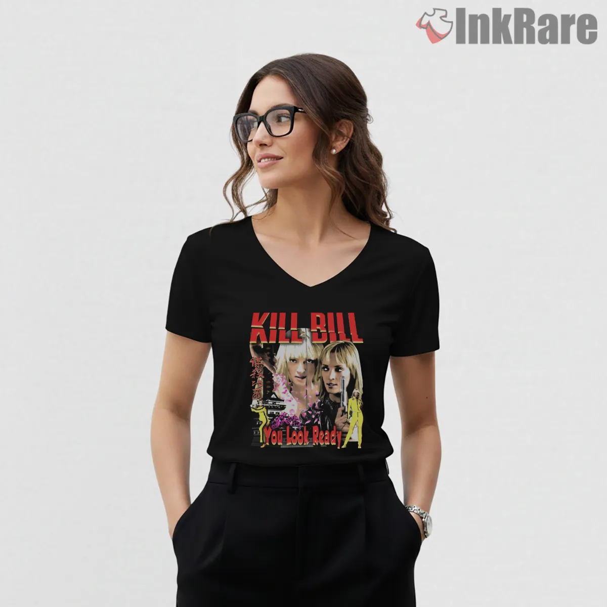Kill Bill You Look Ready Dual Portrait Action V Neck Black Kill Bill You Look Ready Dual Portrait Action Shirt on black v-neck shirt for women graphic tee
