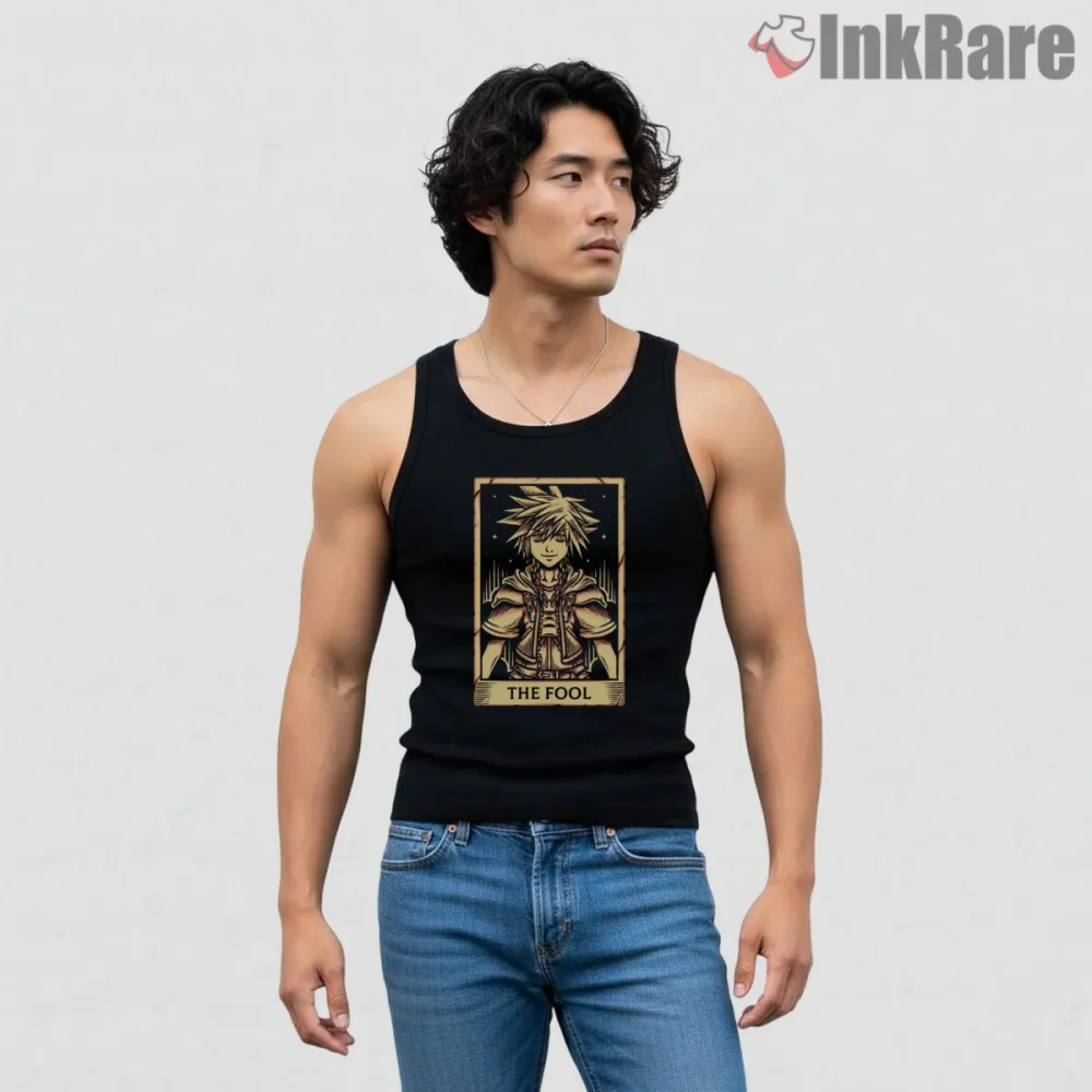 Kingdom Hearts Sora Tarot The Fool Arcana Crossover Shirt on black tank top for men graphic tee
