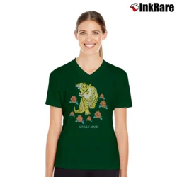 Women’s Kingly Mask KMK Japan Tiger Logo Sukajan V-Neck Tee in forest green | Chic Neckline, Soft Texture