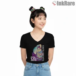 Kinta Sakata Retrowave Anime Poster Shirt on black v-neck shirt for women graphic tee