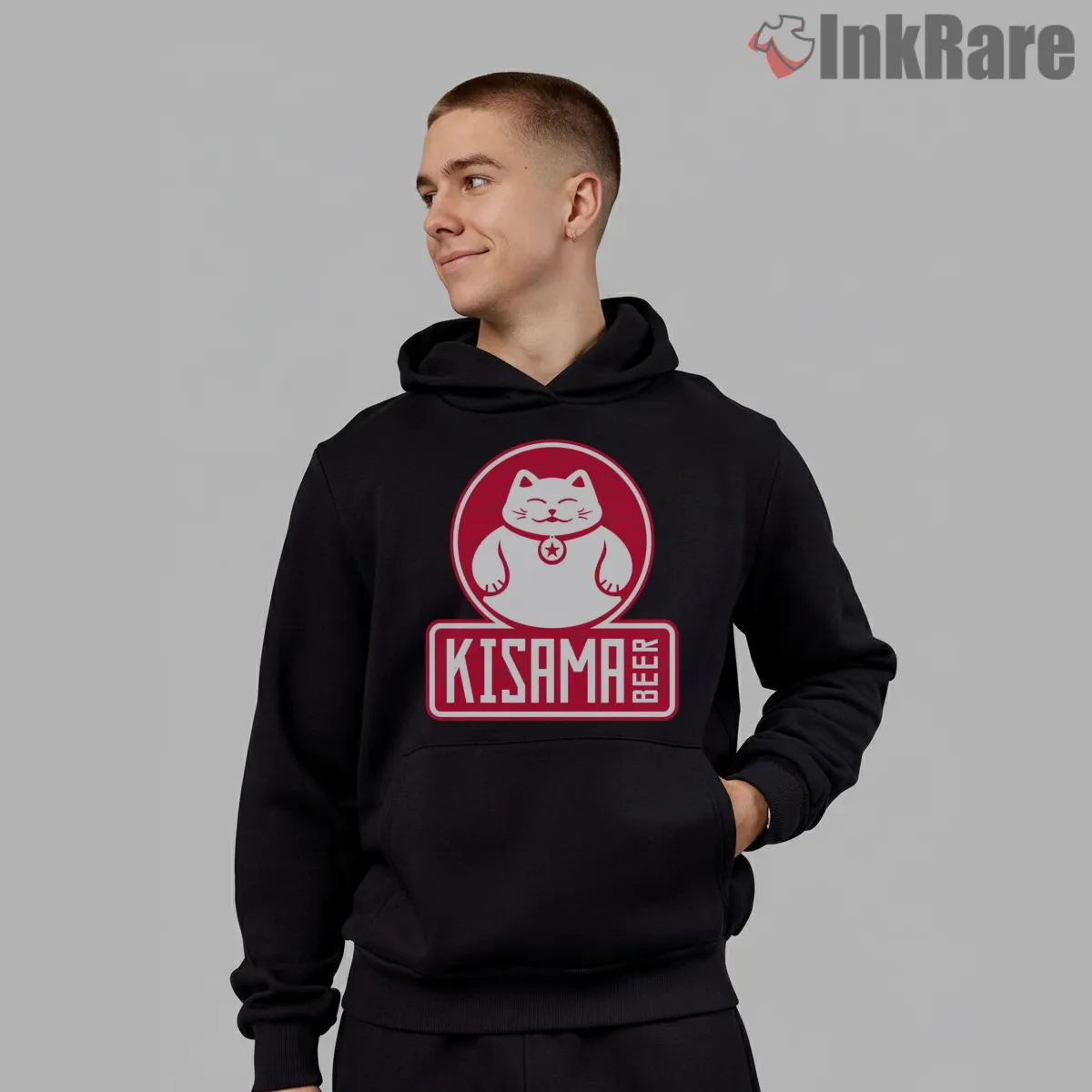 Kisama Beer Lucky Cat Logo Gta Parody Brand Shirt on black hoodie for men graphic tee