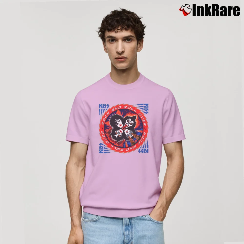 Men’s Kiss Band Rock And Roll Over Classic T-Shirt in light pink | Soft, Breathable Everyday Wear