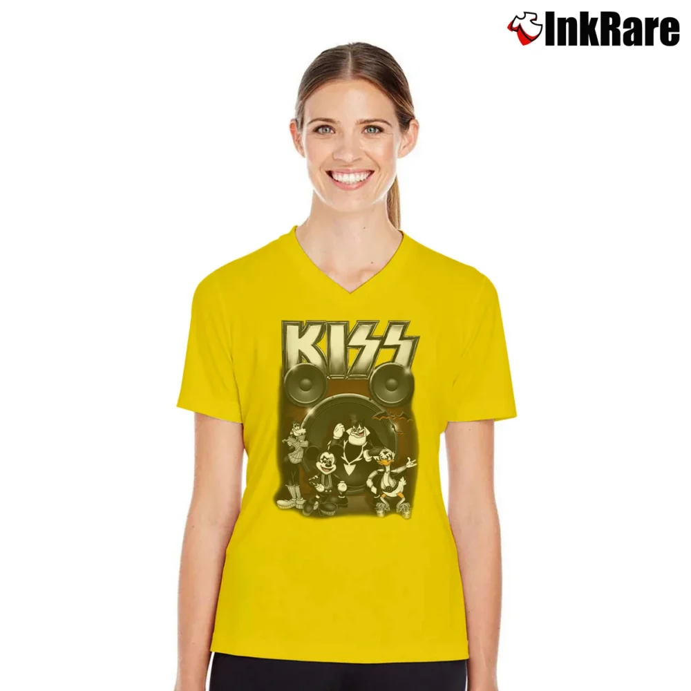 Women’s Kiss Mickey Donald Goofy Band V-Neck Tee in yellow | Chic Neckline, Soft Texture