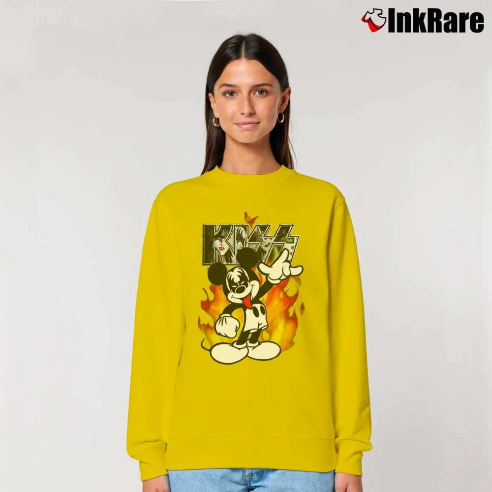 Women’s Kiss Mickey Mouse Band Relaxed Sweatshirt in yellow | Soft, Laid-Back Vibe
