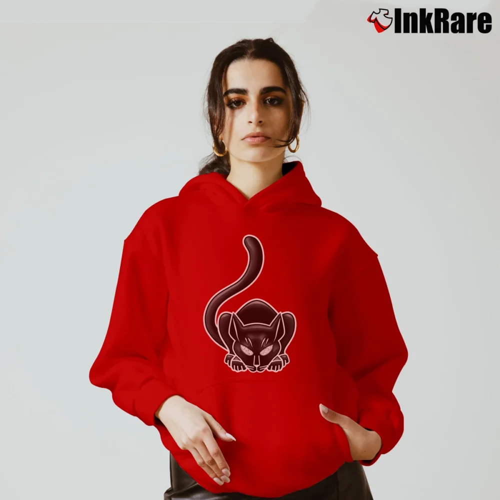 Women’s KISS Peter Criss 1975 Cadillac Michigan Cat Cozy Hoodie in red | Warm, Structured, Stylish