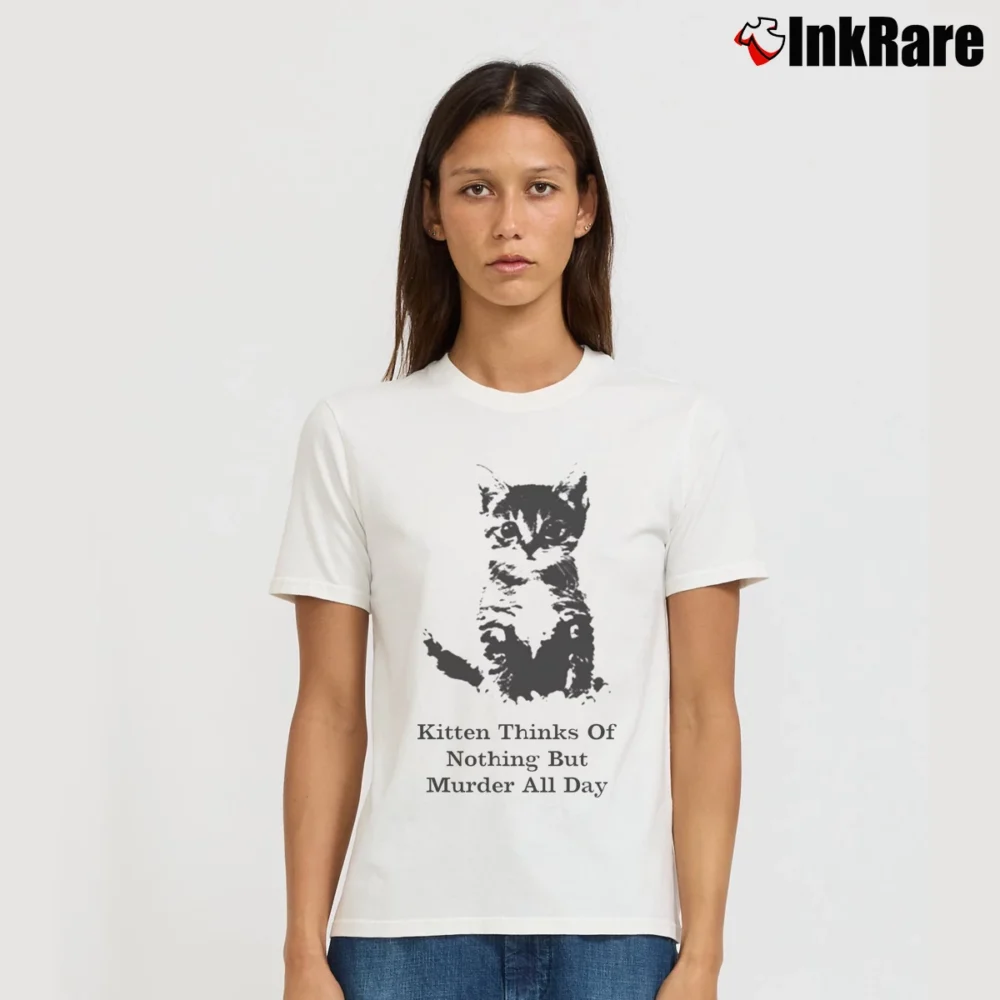 Women’s Kitten Thinks Of Murder All Day Funny Signature T-Shirt in white | Soft, Flattering Fit