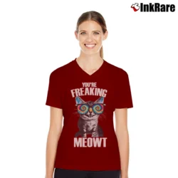 Women’s Kitty Cat You're Freaking Meowt V-Neck Tee in maroon | Chic Neckline, Soft Texture