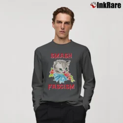 Men’s Kitty Smash Fascism Anti Fascist Cat Long-Sleeve Shirt in charcoal | Sleek, Lightweight, Year-Round Wear