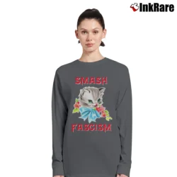 Women’s Kitty Smash Fascism Anti Fascist Cat Long-Sleeve Top in charcoal | Sleek, Versatile, All-Season