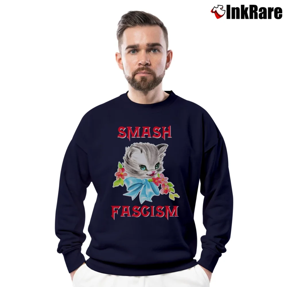 Men’s Kitty Smash Fascism Anti Fascist Cat Crewneck Sweatshirt in navy | Cozy Fabric, Clean Style