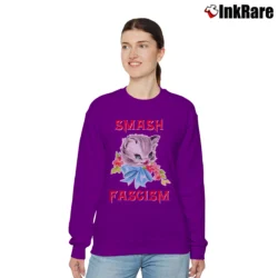 Women’s Kitty Smash Fascism Anti Fascist Cat Relaxed Sweatshirt in purple | Soft, Laid-Back Vibe