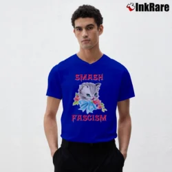 Men’s Kitty Smash Fascism Anti Fascist Cat V-Neck Tee in royal blue | Sharp, Breathable, Everyday Staple