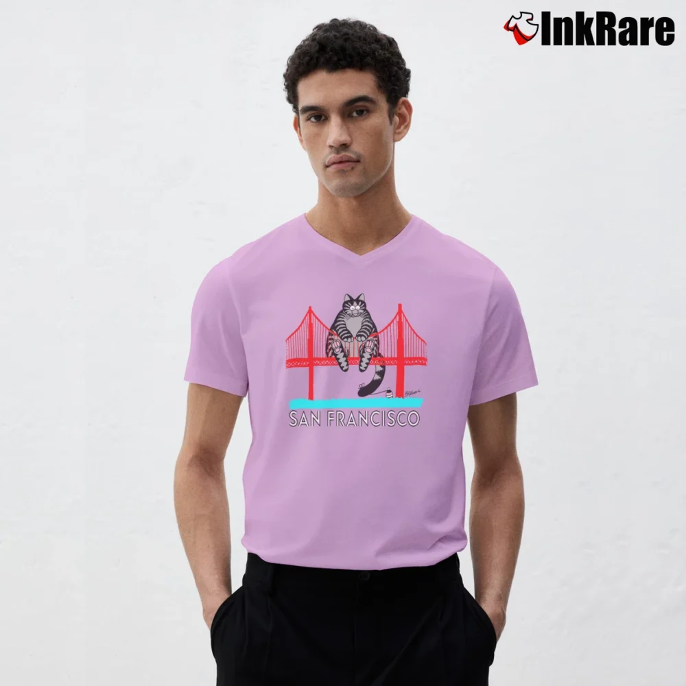 Men’s Kliban Cat Golden Gate Bridge 80s Crazy Graphic V-Neck Tee in light pink | Sharp, Breathable, Everyday Staple