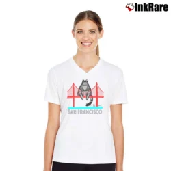 Women’s Kliban Cat Golden Gate Bridge 80s Crazy Graphic V-Neck Tee in white | Chic Neckline, Soft Texture