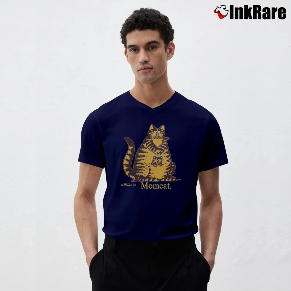 Men’s Kliban Momcat 1975 Yellow Fitted Graphic Cat V-Neck Tee in navy | Sharp, Breathable, Everyday Staple