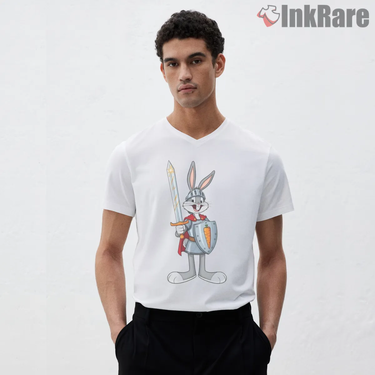Knight Bugs Bunny Silver Sword Shirt on white v-neck shirt for men graphic tee