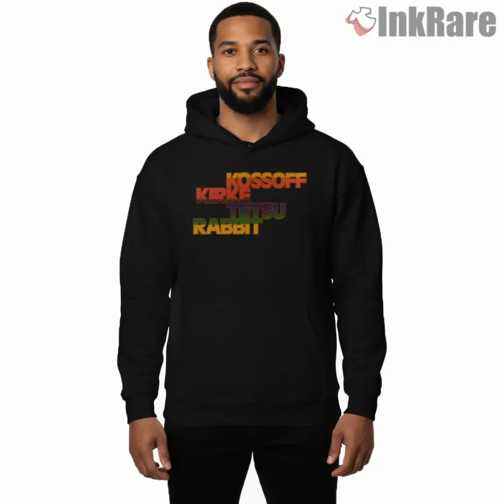 Kossoff Kirke Tetsu Rabbit Retro Text Shirt on black hoodie for men graphic tee
