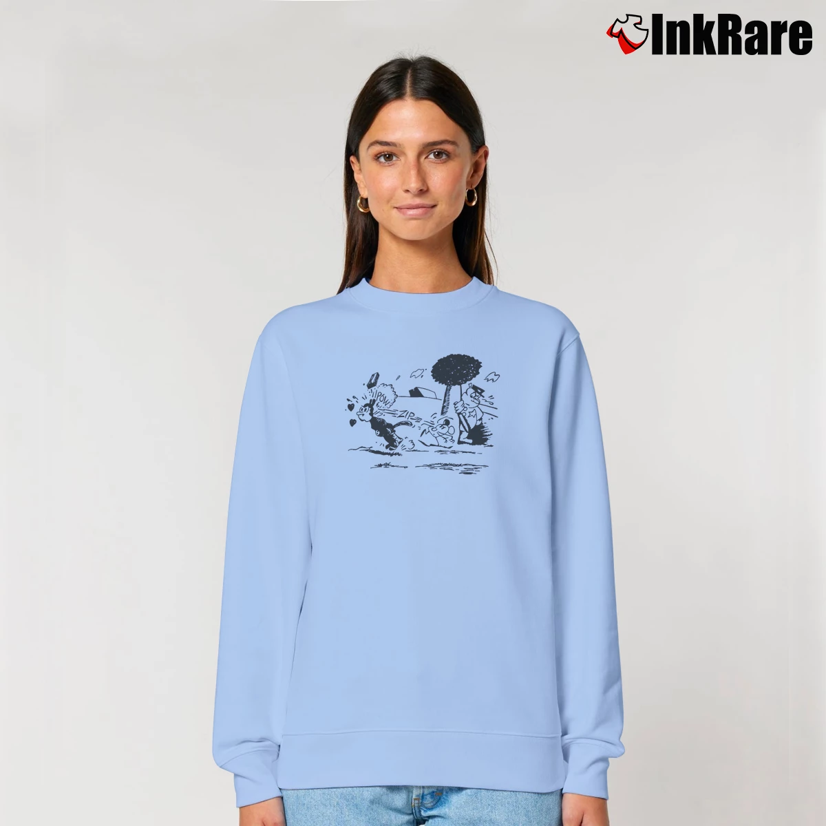 Krazy Kat Jules Pulp Fiction Blue Women’s Relaxed Sweatshirt in light blue – Cozy Casual Women’s Krazy Kat Jules Pulp Fiction Blue Relaxed Sweatshirt in light blue | Soft, Laid-Back Vibe