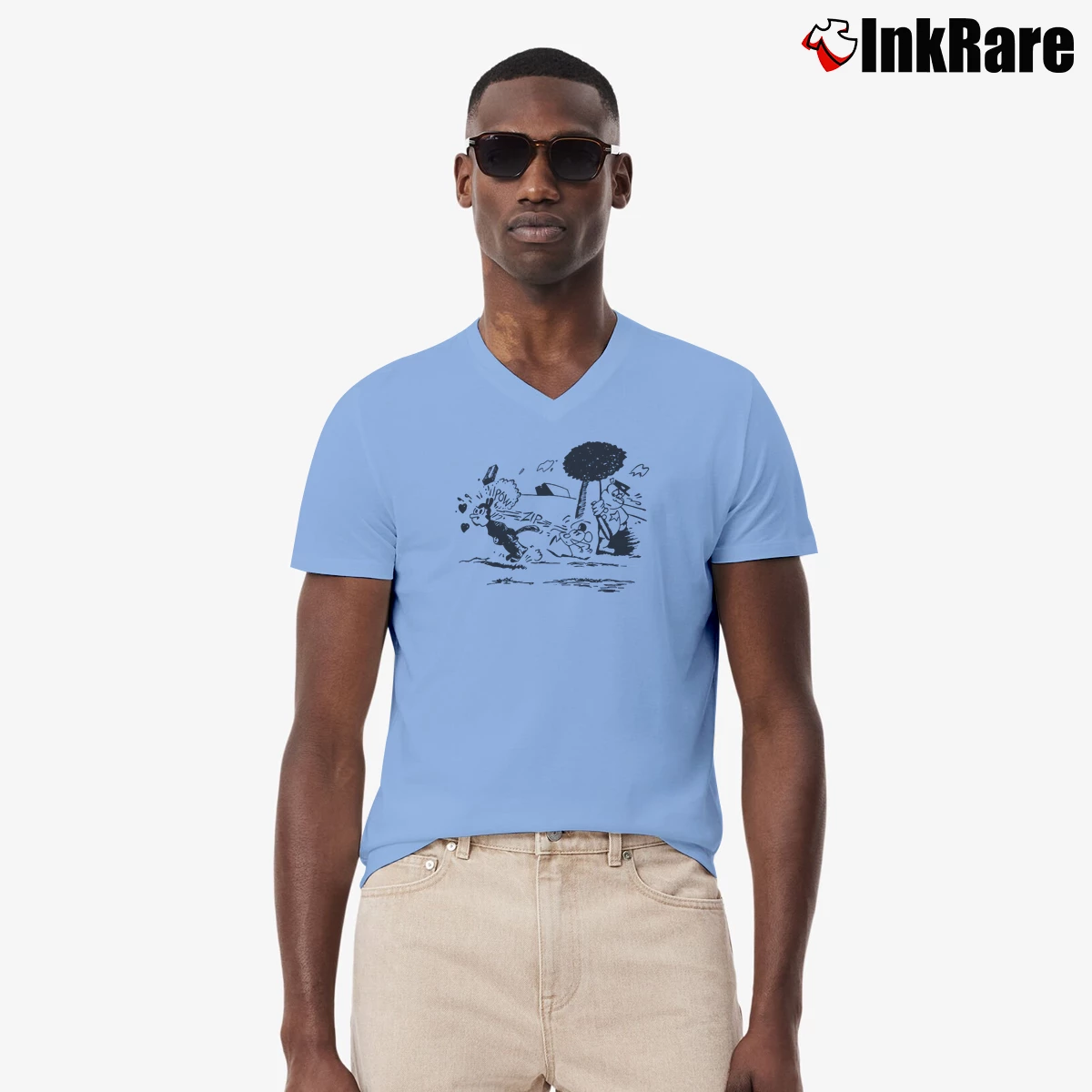 Krazy Kat Jules Pulp Fiction Blue Men’s V-Neck Tee in light blue – Modern Essential Men’s Krazy Kat Jules Pulp Fiction Blue V-Neck Tee in light blue | Sharp, Breathable, Everyday Staple