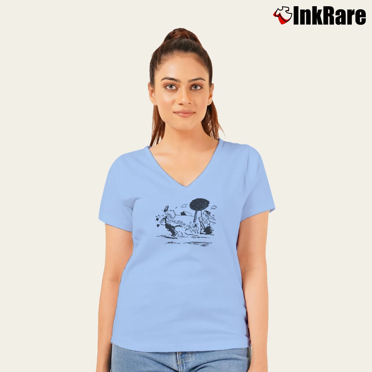 Krazy Kat Jules Pulp Fiction Blue Women’s V-Neck Tee in light blue – Flattering Fit Women’s Krazy Kat Jules Pulp Fiction Blue V-Neck Tee in light blue | Chic Neckline, Soft Texture
