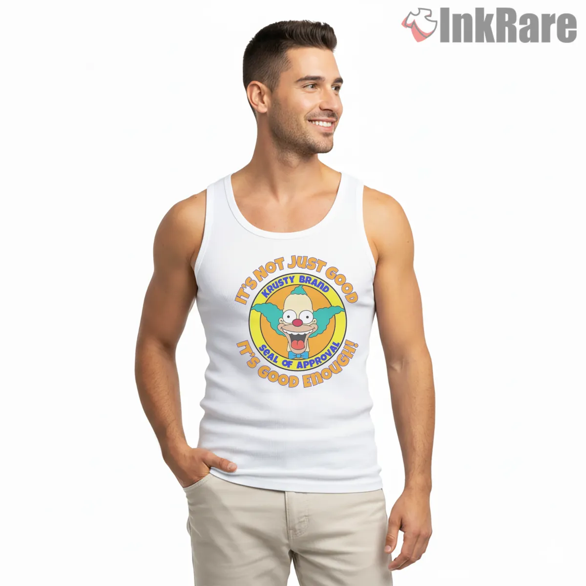 Krusty Approval Seal Its Good Enough Retro Badge Shirt on white tank top for men graphic tee